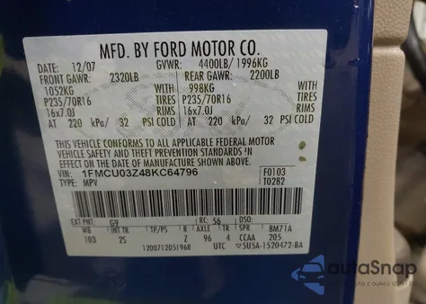 2008 Ford Escape Xlt z USA, uszkodzony, nr VIN 1FMCU03Z48KC64796